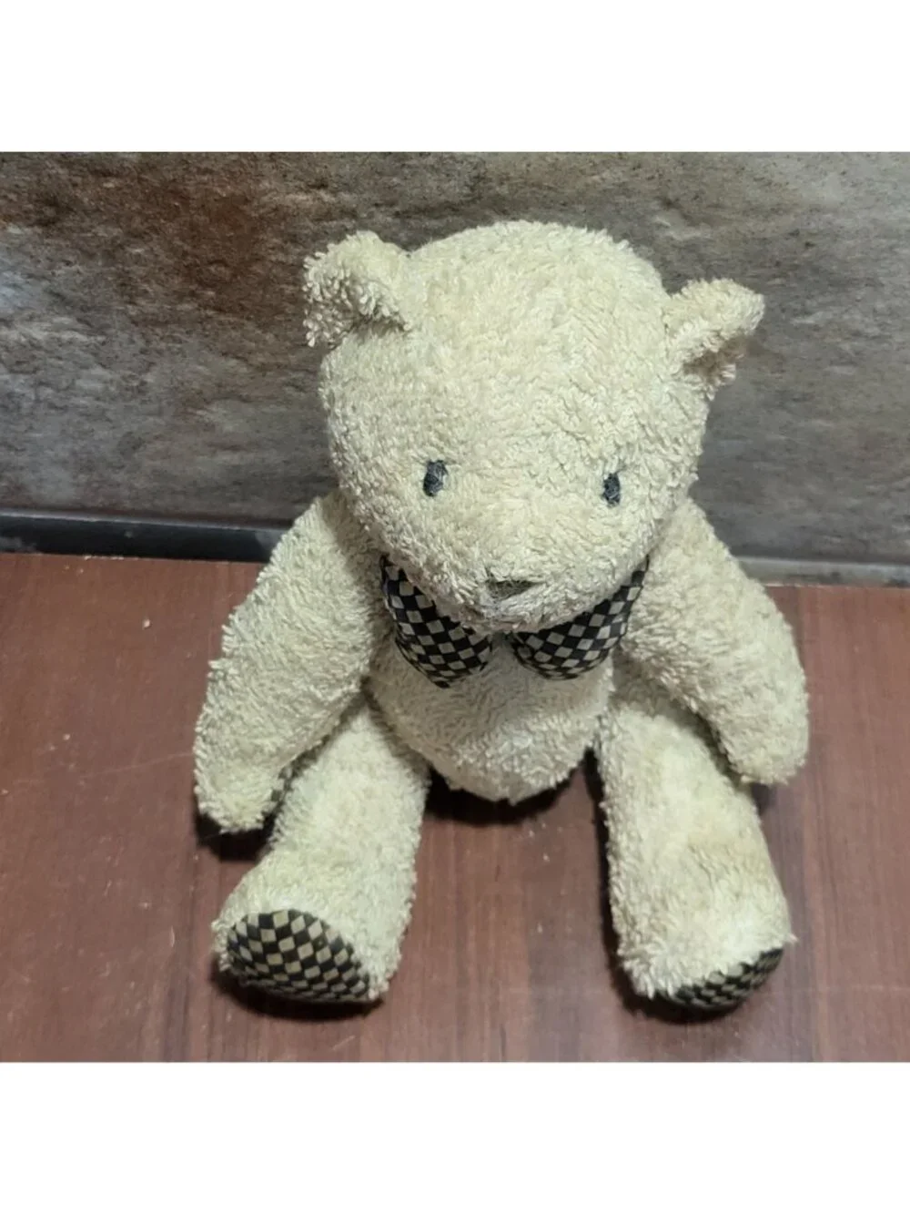Vintage Tan Brown Teddy Bear Fully Jointed  Checkered Bow 9